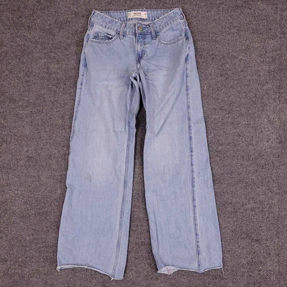 HOLLISTER Low Rise Baggy Wide Leg Jeans Women Sz 00 (26x28) Light Wash Raw Hem
